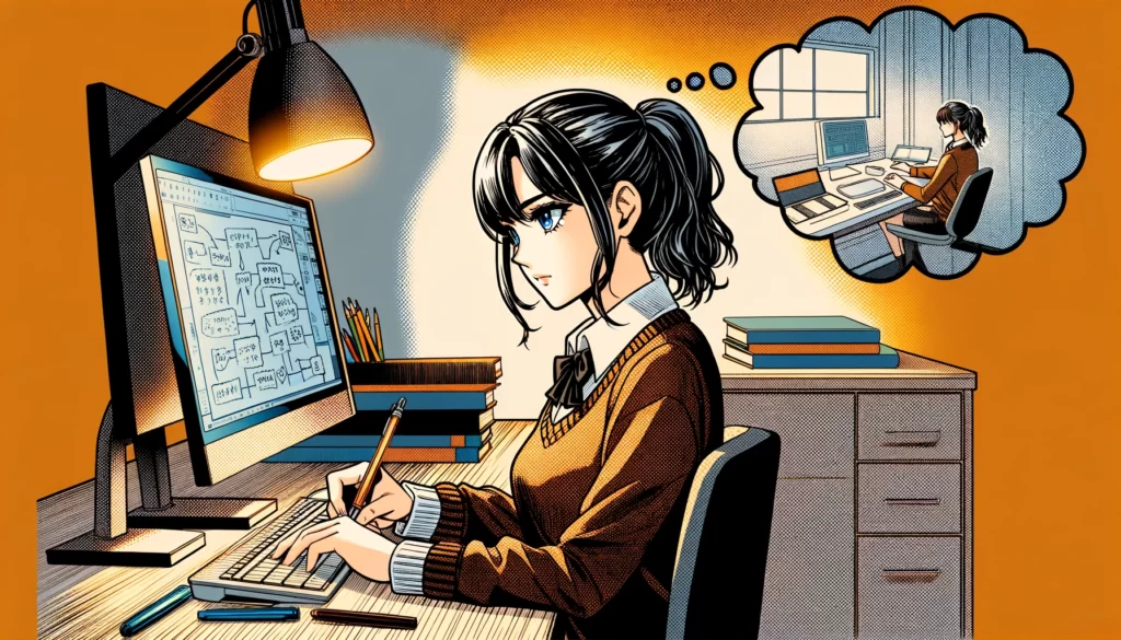 DALL·E 2024 05 12 17.23.34 Create a vibrant manga style image of a female student studying in front of her computer screen. Above her a thought bubble shows what she is learnin